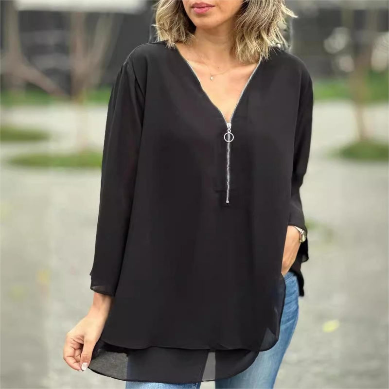 π₯ Trending Now π₯ Soft V-Neck Top with Zipper & 3/4 Sleeves π₯