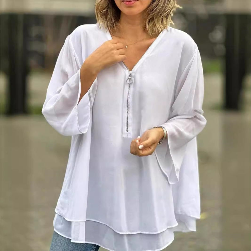 π₯ Trending Now π₯ Soft V-Neck Top with Zipper & 3/4 Sleeves π₯