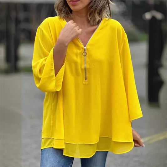 🔥 Trending Now 🔥  Soft V-Neck Top with Zipper & 3/4 Sleeves 🔥