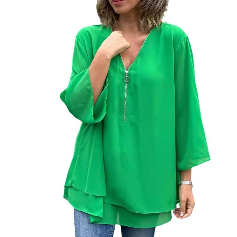🔥 Trending Now 🔥  Soft V-Neck Top with Zipper & 3/4 Sleeves 🔥