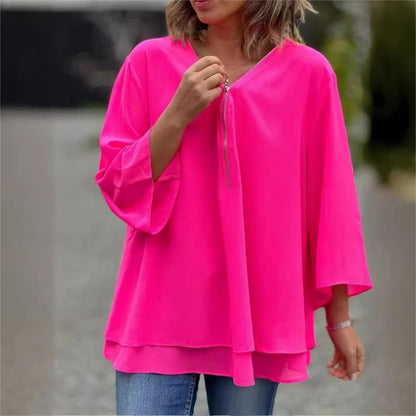 🔥 Trending Now 🔥  Soft V-Neck Top with Zipper & 3/4 Sleeves 🔥